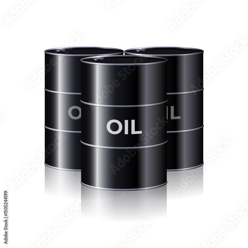 Black barrels with crude oil, petroleum products. Realistic black metal barrel for fuel. Isolated on white background. Low, high oil price, stock exchange trading. Element design. Vector illustration