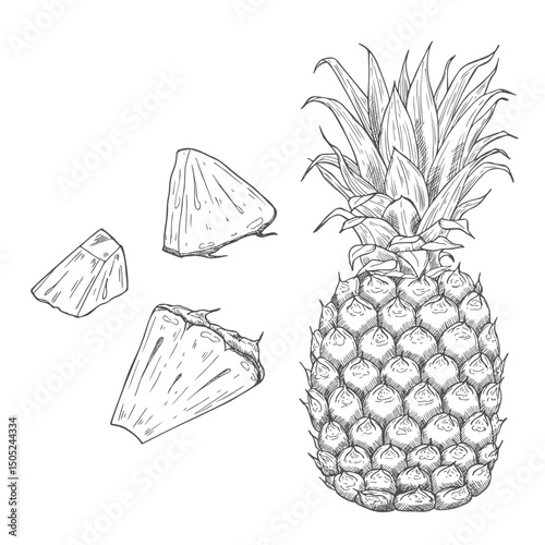 Pineapple pieces and slices sketch. Set of ink sketches. Hand drawn vector illustration.