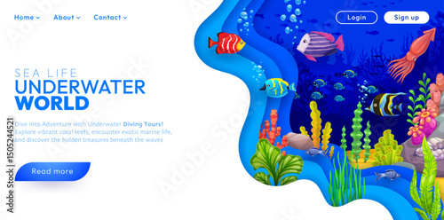 Landing page with paper cut underwater landscape, sea animals and fishes, vector template. Sea diving landing page layout with ocean undersea and underwater squid and fishes in seaweeds for webpage