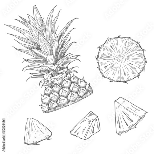 Pineapple pieces and slices sketch. Set of ink sketches. Hand drawn vector illustration.