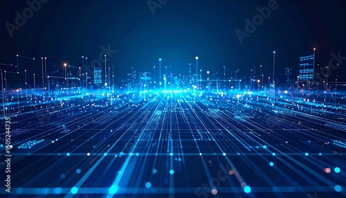 High-Tech Sci-Fi Digital Grid Background with Glowing Circuits and Data Streams