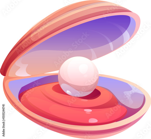 Cartoon pearl shell, underwater oyster and scallop seashell with large pearl resting inside. Vector shell, whimsical ocean treasure, conch game asset with smooth, glossy texture and white luxury pearl