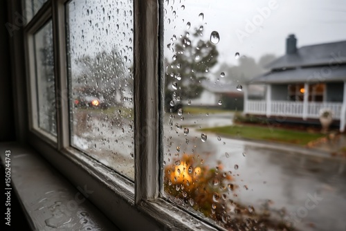Rainfall against window pane in a cozy neighborhood during a cloudy day