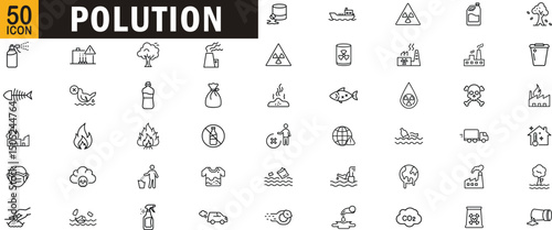 Pollution editable outline icon set. Waste, factory, toxic, environment, air, plastic and more.
