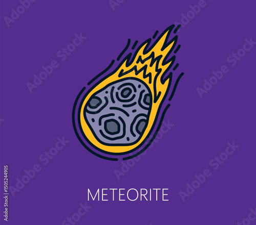 Space astronomy meteorite color line icon. Cosmos comet lineart sign, galaxy flying asteroid with flaming tail line vector symbol. Space research or discovery outline icon, astronomy linear icon