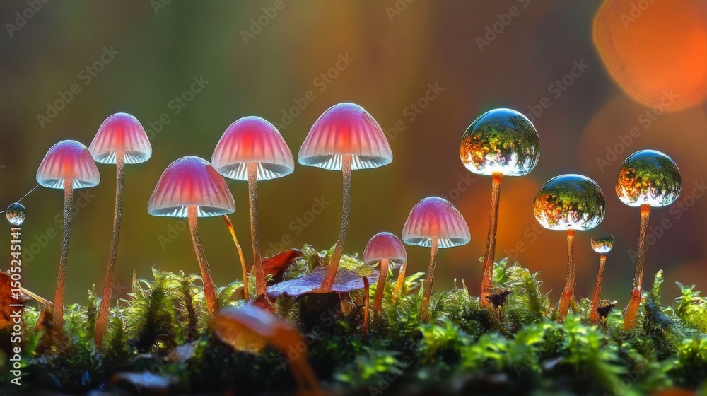 Fototapeta premium A group of mushrooms growing on moss, with fresh raindrops reflecting sunlight