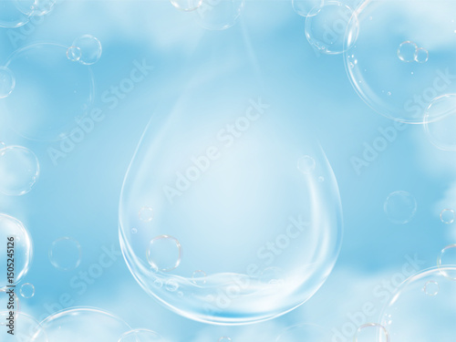 ky,Cloud with Water Drop,Bubbles on Blue Background for Cosmetic product Design,Clear soap bubbles floating over fluffy cloud surface against bright blue sky