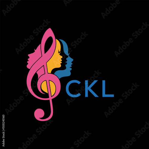 Music and Woman Faces Logo  Vibrant Treble Clef Design . CKL Letter log . Creative Feminine Music Logo Treble Clef with Silhouette.
 photo