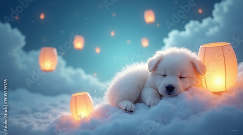 Adorable Puppy Sleeping Among Glowing Lanterns in a Dreamy Cloud Scene