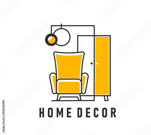 Home interior icon features linear modern and stylish armchair, ceiling lamp and cupboard in white and yellow. Vector emblem for home decor brand or interior design services evoke elegance and comfort