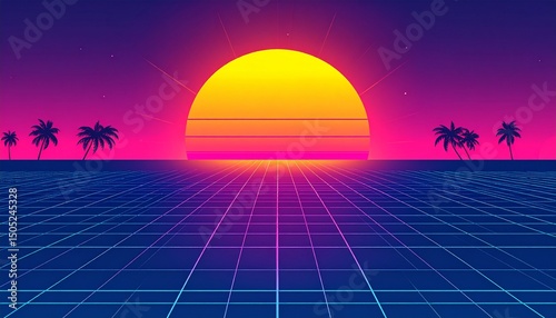 Synthwave beach scene with neon glow, retro 80s summer atmosphere