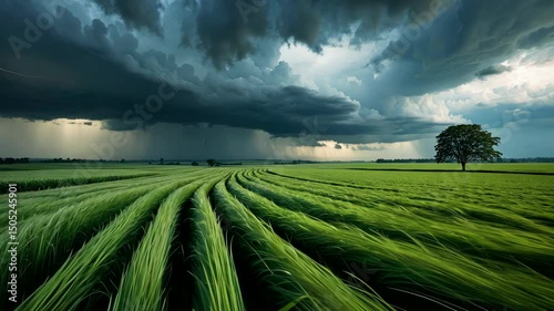 Storm Clouds Over Green Crops in Farmland Wide-Angle Daylight