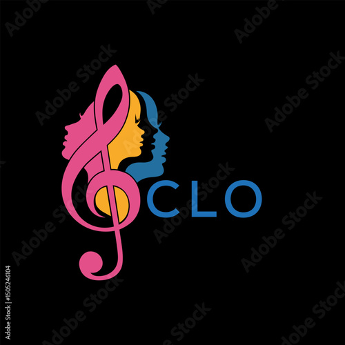 Music and Woman Faces Logo  Vibrant Treble Clef Design . CLO Letter log . Creative Feminine Music Logo Treble Clef with Silhouette.
