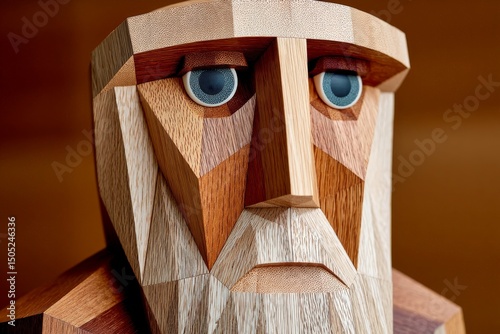 Wooden sculpture of a wise old man with intricate details and natural textures displayed in an art studio setting