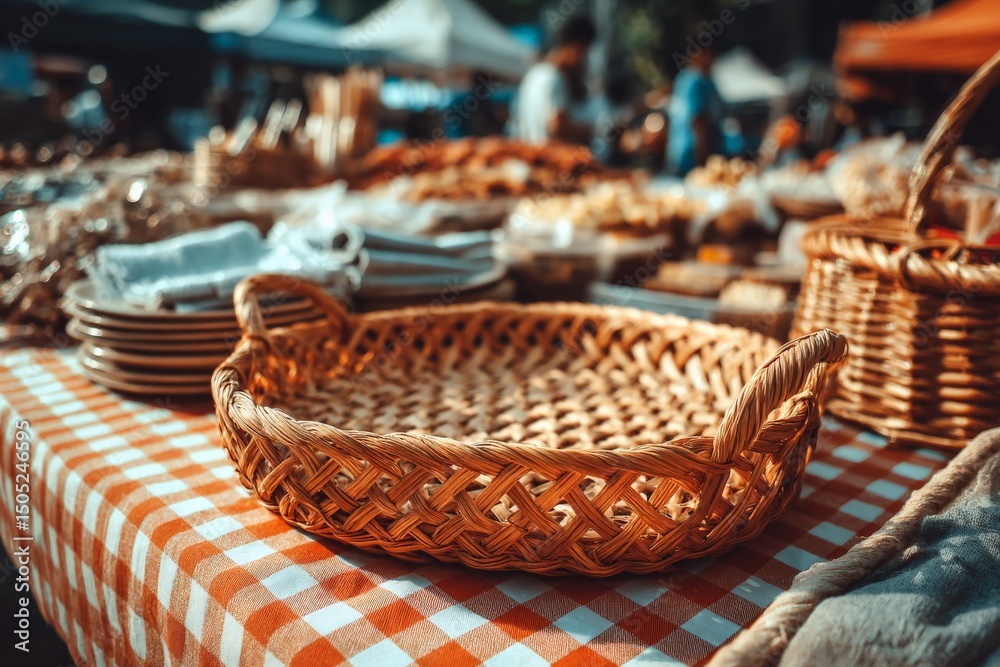 Obraz premium Woven basket displayed at an outdoor market with various goods under sunny skies