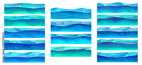 Cartoon game river, ocean, sea and lake water waves surface cross section view. Vector set of aquatic wave textures in clear turquoise to deep blue shades, with bubbles and light reflections