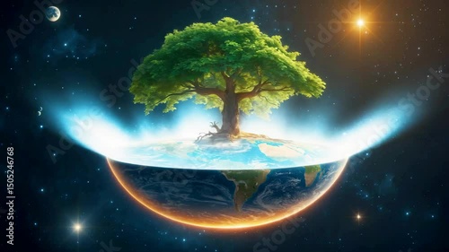 Floating Tree Island in Space Fantasy Scene Night