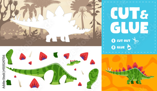 Cut and glue kids game with prehistoric dinosaur in jungle forest, vector worksheet. Cut out and glue puzzle quiz with separated parts of cartoon stegosaurus dino animal, kids education activity game