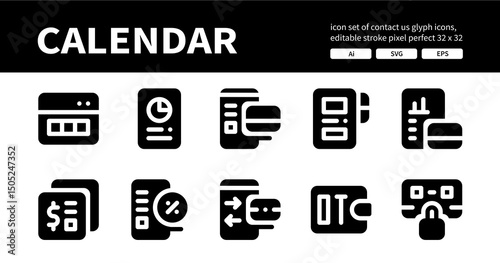 Icon Set of Calendar Glyph Icons. Contains such Icons as Calendar, Data Analytics, Online Payment, Schedule etc. Editable Stroke. 32 x 32 Pixel Perfect