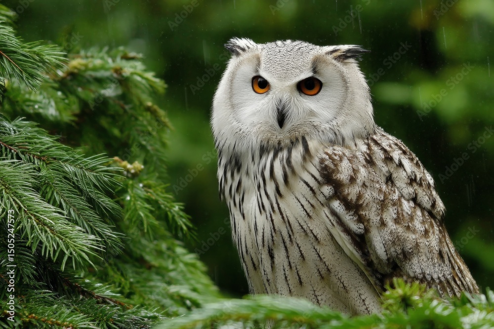 Obraz premium Striking owl perched gracefully among lush green foliage in nature's serene setting