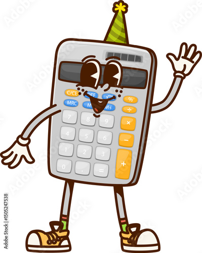 Cartoon groovy school stationery character of calculator with funny face, vector personage. Retro cartoon groovy school stationery character of mathematic calculator with Hi gesture and birthday cap