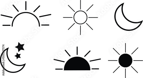 simple sun moon star outline icons isolated on white background.