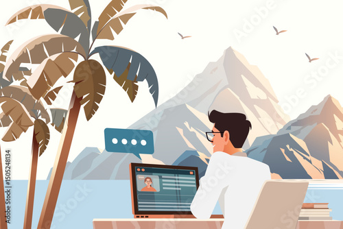 Digital Nomads in Coworking Space with Nature and Mountain View. Flat Vector Illustration.