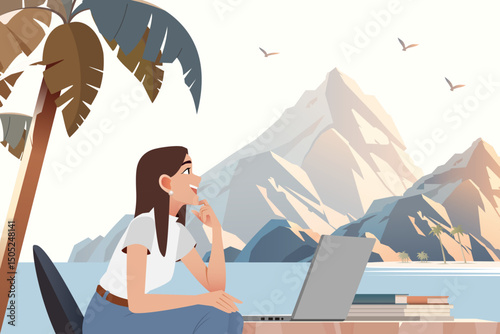 Digital Nomads in Coworking Space with Nature and Mountain View. Flat Vector Illustration.