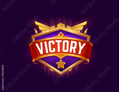 Game victory icon or congrats badge of star with golden shield, vector GUI banner. Victory badge or game winner award with golden wing, star medal and ribbon for level completed or casino poker win