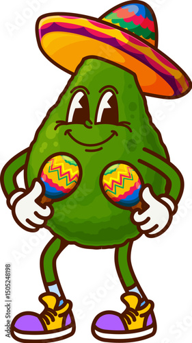 Cartoon groovy Mexican avocado character in sombrero with maracas, vector funny personage. Retro cartoon groovy avocado in Mexican sombrero hat with maracas and happy smile for fiesta party emoji