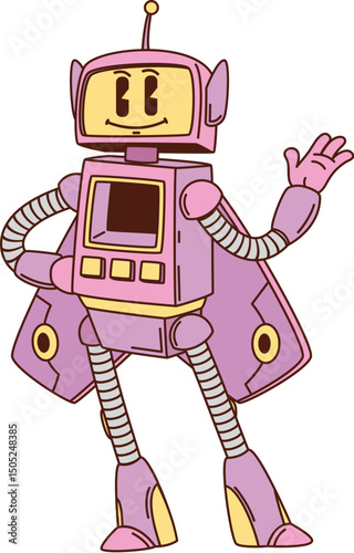 Cartoon funny groovy robot or droid character of robotic woman cyborg, vector transformer. Groovy woman robot or girl droid in pink robotic mantle on heels for funky retro cyborg or futuristic android