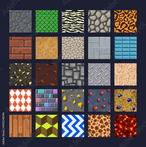 8 bit pixel art game tiles with seamless patterns and textures set, vector cartoon backgrounds. 8bit pixel pattern tiles of brick wall, stones and lava, wood plank and dragon scale for game background