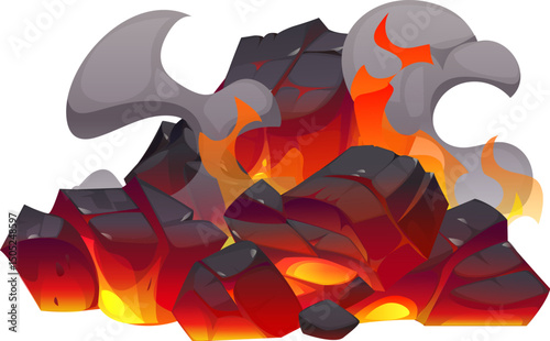 Fire flames on coal or fireplace charcoal burn ember pieces and ash, cartoon vector. Burning ember or wood charcoal and coal pieces in fire flame with smoke clouds, fireplace or oven hot coal ember