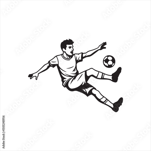 Soccer Player Performing Bicycle Kick Illustration,
Football Player Doing Overhead Kick Vector,
Striker Kicking Soccer Ball in Mid Air Drawing,
Bicycle Kick Football Action Pose Sketch,