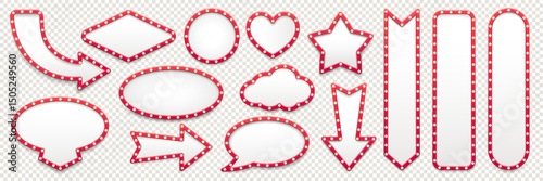 Retro lightbox frames and arrows with chat bubbles, hearts and stars, vector realistic set. Broadway billboard or casino lightbox with light bulbs for direction sign, ad banner or retro cinema theater