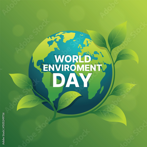 World environment day - Text on circle globe world with leaves plant roll around on green bokeh texture background vector design