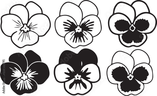 Pansy Line Art: Different Stages of Shading and Detail, Floral Icons, Ideal for Stickers and Patterns.