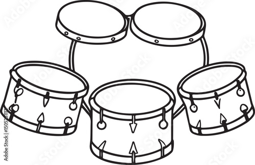 Drum Set: Black and White Outline, Ideal for Music-Related Designs and Creative Projects..