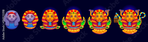 Egypt pharaoh game rating rank badge, level progress. Cartoon vector Egyptian rank ui icons evolution with golden nemes, gems and royal attributes. Game badges for level progression and reward stages