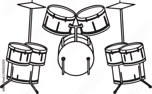 Drum Set: Black and White Outline, Ideal for Music-Related Designs and Creative Projects..