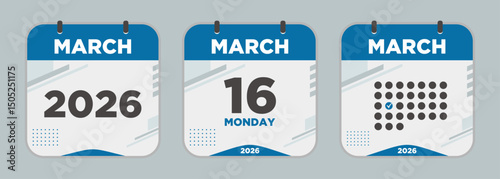 Modern Calendar icon. March. 2026 16 day. The concept of waiting for an important date. Day calendar with date March 16. Cheklist day calendar. Vector illustration.