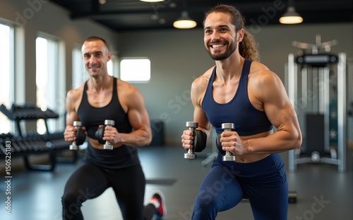 Happy athletic couple exercising with hand weights in lunge position in gym. High quality