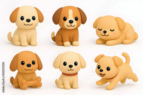 Kawaii animals. Dog expression 3D icon set. Simple and minimalist style, isolated on white background.