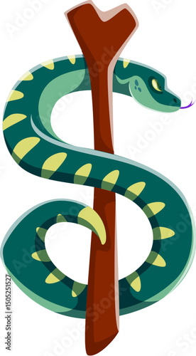 Medical cartoon font Rod of Asclepius punctuation dollar currency sign. Healthcare alphabet typeface sign, vector typeset punctuation mark. Medical ABC font element or medicine English type symbol