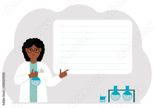 Female scientist with flasks. Experimental scientist, laboratory assistant, biochemistry, chemical, scientific research. Vector flat illustration for banner, advertisement or web.
