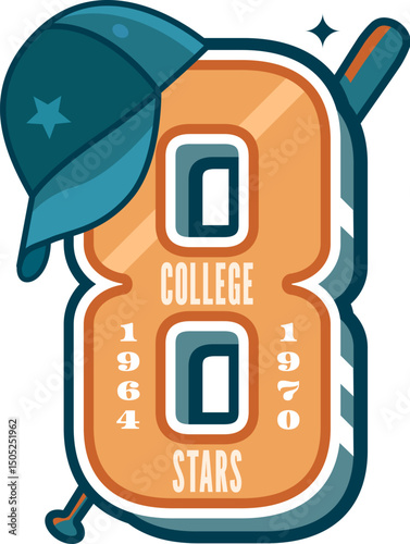 Varsity sport patch, baseball college league badge for university team, vector emblem. Varsity sport patch of number 8 Eight with baseball bat and cap for college league player shirt or team badge