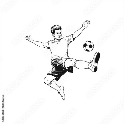 Soccer Player Performing Bicycle Kick Illustration,
Football Player Doing Overhead Kick Vector,
Striker Kicking Soccer Ball in Mid Air Drawing,
Bicycle Kick Football Action Pose Sketch,