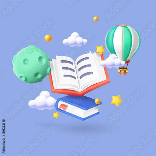Fairy tail imagination coming to life in a children fairy tail fantasy book. Children reading vector concept cartoon illustration. Opened book for kids, moon planet, clouds, flying balloon.