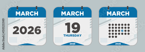 Modern Calendar icon. March. 2026 19 day. The concept of waiting for an important date. Day calendar with date March 19. Cheklist day calendar. Vector illustration.