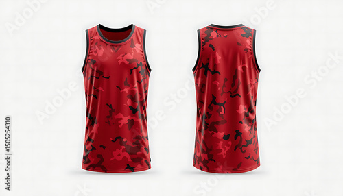 Realistic mockup sleeveless basketball jersey color red with modern camouflage patterns, front and back view on white background.